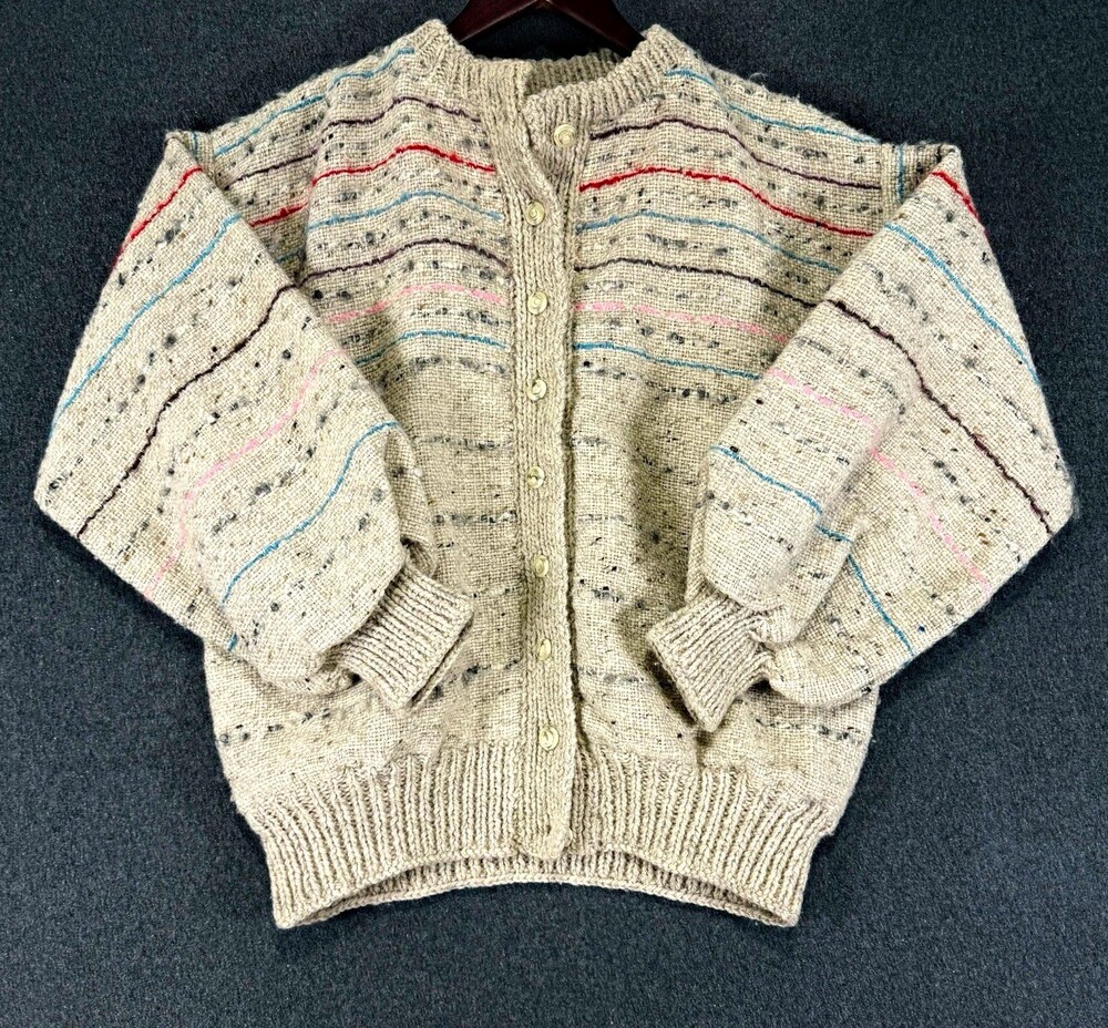 Vintage Willow Weavers Ireland Wool Cardigan Sweater L Cream Striped Handwoven